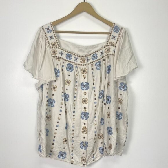 Torrid Linen Blend Embroidered Floral Flutter Sleeve Top - Picture 2 of 13